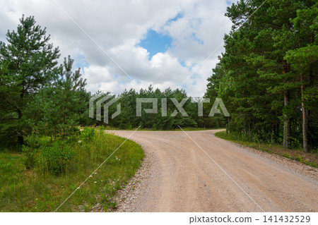 Gravel Road Intersection Through Pine Forest in the Latvian Countryside Under Dramatic Summer Cloudy Sky Gravel Road Intersection Through Pine Forest in the Latvian Countryside Under Dramatic Summer Cloudy Sky 141432529