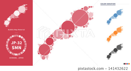 An infographic resource featuring a bubble map representing the shape of Shimane Prefecture as a collection of circles. An infographic resource featuring a bubble map representing the shape of Shimane Prefecture as a collection of circles. 141432622