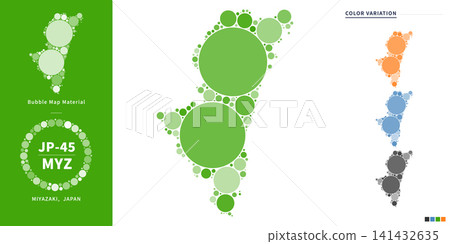 An infographic map of Miyazaki Prefecture composed of green dots of various sizes. An infographic map of Miyazaki Prefecture composed of green dots of various sizes. 141432635