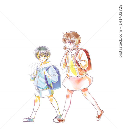 A boy and a girl walking side by side, both smiling. 141432728