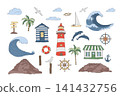 Nautical Vector illustration set of Sea Ocean Elements. Hand drawn color graphic collection of lighthouse, coastal house, waves, sea creatures, pier isolated from background for marine design concept 141432756