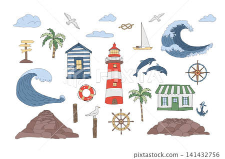 Nautical Vector illustration set of Sea Ocean Elements. Hand drawn color graphic collection of lighthouse, coastal house, waves, sea creatures, pier isolated from background for marine design concept Nautical Vector illustration set of Sea Ocean Elements. Hand drawn color graphic collection of lighthouse, coastal house, waves, sea creatures, pier isolated from background for marine design concept 141432756