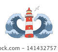 Lighthouse with two waves vector illustration. Graphic nautical red white beacon icon with seagull. Minimalist linear sea landscape symbol isolated from background for apparel design, kids textile 141432757