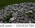 Debris left behind in concrete and weeds growing in the gaps. 141432780