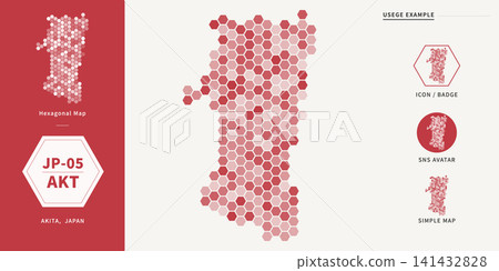 An infographic map of Akita Prefecture composed of red and white hexagons. An infographic map of Akita Prefecture composed of red and white hexagons. 141432828