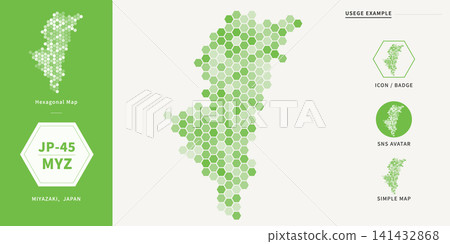 A green infographic map representing the shape of Miyazaki Prefecture using a hexagonal grid. A green infographic map representing the shape of Miyazaki Prefecture using a hexagonal grid. 141432868