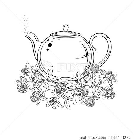 Clover Tea in Teapot Outline Illustration. Clover Tea in Teapot Outline Illustration. 141433222