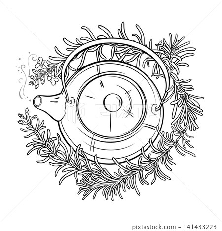 Rosemary Tea in Teapot Outline Illustration. Rosemary Tea in Teapot Outline Illustration. 141433223