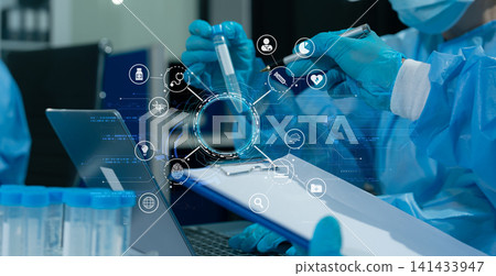 Microbiologists and nutrition experts analyze molecular samples in advanced food science labs. Microbiologists and nutrition experts analyze molecular samples in advanced food science labs. 141433947
