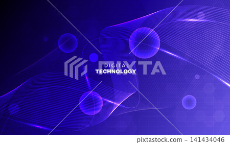 Abstract blue digital technology background with futuristic glowing wave lines, purple geometric sphere particles, cyber network light effect, dynamic flow banner for AI science business presentation. Abstract blue digital technology background with futuristic glowing wave lines, purple geometric sphere particles, cyber network light effect, dynamic flow banner for AI science business presentation. 141434046