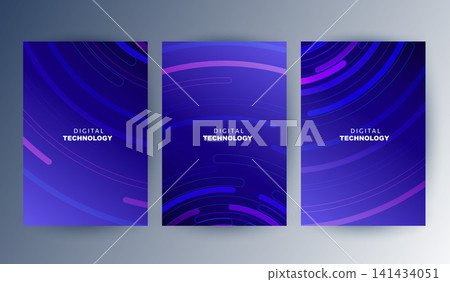 Abstract blue digital technology cover template set with futuristic concentric circular neon lines, purple cyber network poster background, A4 brochure layout for business report presentation. 141434051