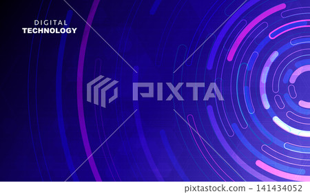 Abstract blue digital technology background with futuristic concentric circular neon lines, purple cyber network speed rings HUD banner with copy space for AI science business presentation. Abstract blue digital technology background with futuristic concentric circular neon lines, purple cyber network speed rings HUD banner with copy space for AI science business presentation. 141434052