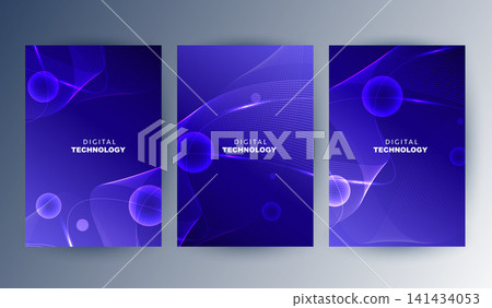 Abstract blue digital technology cover template set with futuristic glowing wave lines, purple sphere particles, cyber network poster, A4 brochure layout for AI science business presentation. Abstract blue digital technology cover template set with futuristic glowing wave lines, purple sphere particles, cyber network poster, A4 brochure layout for AI science business presentation. 141434053