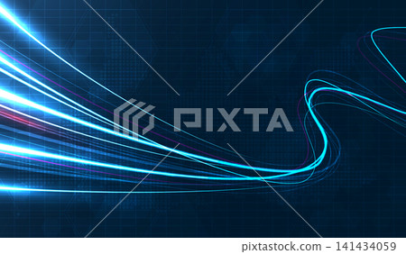 Abstract blue digital technology background with futuristic glowing light trails, cyan speed lines wave, high speed fiber optic internet data transfer banner for cyber network business presentation. Abstract blue digital technology background with futuristic glowing light trails, cyan speed lines wave, high speed fiber optic internet data transfer banner for cyber network business presentation. 141434059
