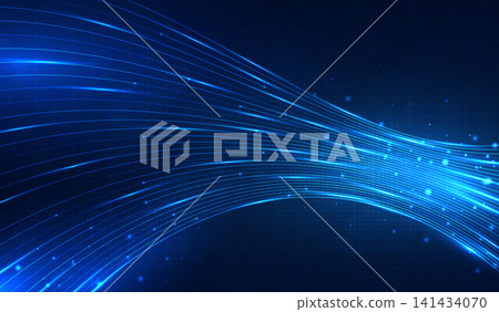 Abstract dark blue digital technology background with futuristic glowing fiber optic speed lines, cyan and pink light wave stream, high speed data transfer banner for cyber network business. Abstract dark blue digital technology background with futuristic glowing fiber optic speed lines, cyan and pink light wave stream, high speed data transfer banner for cyber network business. 141434070