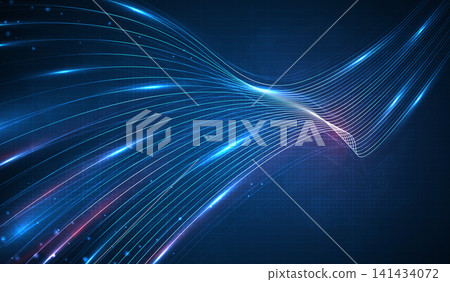 Abstract dark blue digital technology background with futuristic glowing fiber optic speed lines, cyan and pink light wave stream, high speed data transfer banner for cyber network business. Abstract dark blue digital technology background with futuristic glowing fiber optic speed lines, cyan and pink light wave stream, high speed data transfer banner for cyber network business. 141434072