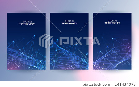 Abstract blue digital technology cover template set with futuristic glowing plexus network wave lines, cyber polygon poster background, A4 brochure layout for AI science business report presentation. 141434073