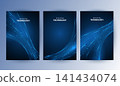 Abstract blue digital technology cover template set with futuristic glowing plexus network wave lines, cyber polygon poster background, A4 brochure layout for AI science business report presentation. 141434074
