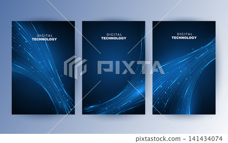 Abstract blue digital technology cover template set with futuristic glowing plexus network wave lines, cyber polygon poster background, A4 brochure layout for AI science business report presentation. Abstract blue digital technology cover template set with futuristic glowing plexus network wave lines, cyber polygon poster background, A4 brochure layout for AI science business report presentation. 141434074