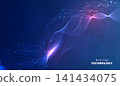 Abstract dark blue digital technology background with futuristic glowing plexus network wave lines, polygon wireframe mesh, cyber security banner for AI science big data business presentation. 141434075