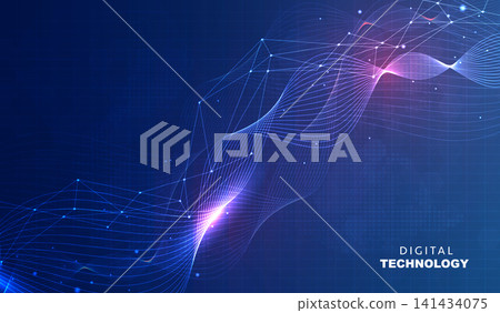 Abstract dark blue digital technology background with futuristic glowing plexus network wave lines, polygon wireframe mesh, cyber security banner for AI science big data business presentation. Abstract dark blue digital technology background with futuristic glowing plexus network wave lines, polygon wireframe mesh, cyber security banner for AI science big data business presentation. 141434075
