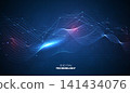 Abstract dark blue digital technology background with futuristic glowing plexus network wave lines, polygon wireframe mesh, cyber security banner for AI science big data business presentation. 141434076