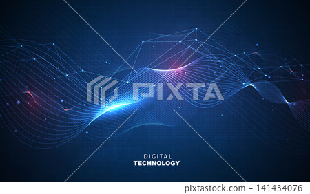 Abstract dark blue digital technology background with futuristic glowing plexus network wave lines, polygon wireframe mesh, cyber security banner for AI science big data business presentation. Abstract dark blue digital technology background with futuristic glowing plexus network wave lines, polygon wireframe mesh, cyber security banner for AI science big data business presentation. 141434076