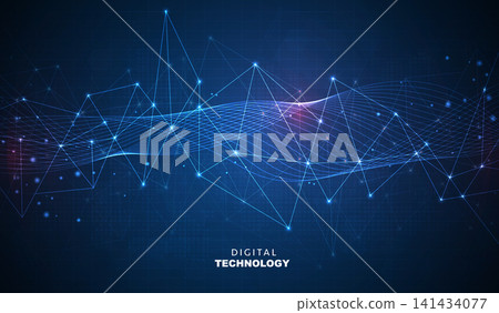 Abstract dark blue digital technology background with futuristic glowing plexus network wave lines, polygon wireframe mesh, cyber security banner for AI science big data business presentation. Abstract dark blue digital technology background with futuristic glowing plexus network wave lines, polygon wireframe mesh, cyber security banner for AI science big data business presentation. 141434077