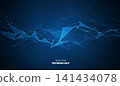 Abstract dark blue digital technology background with futuristic glowing plexus network wave lines, polygon wireframe mesh, cyber security banner for AI science big data business presentation. 141434078