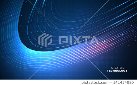 Abstract dark blue digital technology background with futuristic glowing curved wave lines, cyan neon light stream loop, high speed data transfer banner for cyber network business presentation. Abstract dark blue digital technology background with futuristic glowing curved wave lines, cyan neon light stream loop, high speed data transfer banner for cyber network business presentation. 141434080