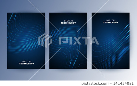 Abstract blue digital technology cover template set with futuristic glowing curved wave lines, cyan light flow poster background, A4 brochure layout for cyber network science business presentation. Abstract blue digital technology cover template set with futuristic glowing curved wave lines, cyan light flow poster background, A4 brochure layout for cyber network science business presentation. 141434081