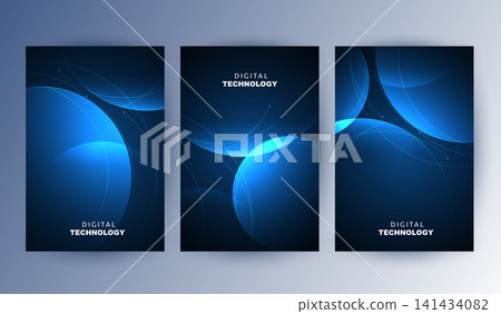 Abstract blue digital technology cover template set with futuristic glowing curved wave lines, cyan light flow poster background, A4 brochure layout for cyber network science business presentation. Abstract blue digital technology cover template set with futuristic glowing curved wave lines, cyan light flow poster background, A4 brochure layout for cyber network science business presentation. 141434082
