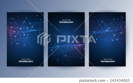 Abstract blue digital technology cover template set with futuristic glowing curved wave lines, cyan light flow poster background, A4 brochure layout for cyber network science business presentation. Abstract blue digital technology cover template set with futuristic glowing curved wave lines, cyan light flow poster background, A4 brochure layout for cyber network science business presentation. 141434083