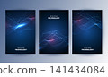 Abstract blue digital technology cover template set with futuristic glowing curved wave lines, cyan light flow poster background, A4 brochure layout for cyber network science business presentation. 141434084