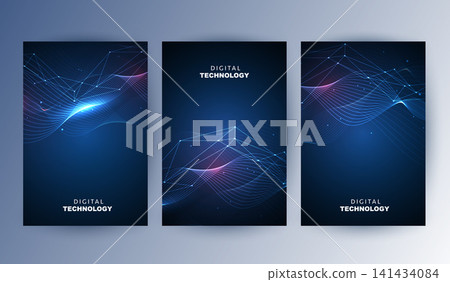 Abstract blue digital technology cover template set with futuristic glowing curved wave lines, cyan light flow poster background, A4 brochure layout for cyber network science business presentation. Abstract blue digital technology cover template set with futuristic glowing curved wave lines, cyan light flow poster background, A4 brochure layout for cyber network science business presentation. 141434084