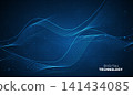 Abstract dark blue digital technology background with futuristic glowing wave lines, cyan dynamic light stream, high speed data transfer banner for cyber network science business presentation. 141434085
