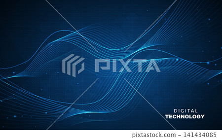 Abstract dark blue digital technology background with futuristic glowing wave lines, cyan dynamic light stream, high speed data transfer banner for cyber network science business presentation. Abstract dark blue digital technology background with futuristic glowing wave lines, cyan dynamic light stream, high speed data transfer banner for cyber network science business presentation. 141434085
