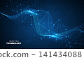 Abstract dark blue digital technology background with futuristic glowing wave lines, cyan dynamic light stream, high speed data transfer banner for cyber network science business presentation. 141434088