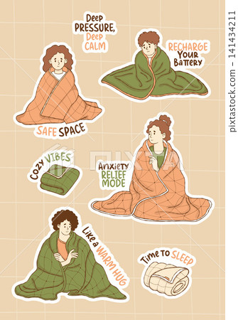 People Wrapped in Weighted Blanket. Sticker Pack. Autism Boy and Girl Sensory Heavy Quilt with Quotes Anti Stress Anxiety Relief Phrase. ADHD Kids Mental Health. Isolated Color Vector Illustration. People Wrapped in Weighted Blanket. Sticker Pack. Autism Boy and Girl Sensory Heavy Quilt with Quotes Anti Stress Anxiety Relief Phrase. ADHD Kids Mental Health. Isolated Color Vector Illustration. 141434211