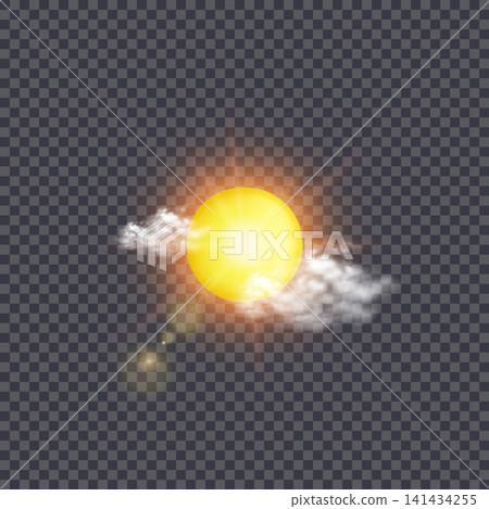 Bright warm sun and lens flare in clear summer sky, sunlight with sunshine glare rays. Vector nature sunny spring landscape, bright sparkle burs Bright warm sun and lens flare in clear summer sky, sunlight with sunshine glare rays. Vector nature sunny spring landscape, bright sparkle burs 141434255