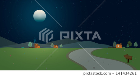 Local road through the village to hills at countryside landscape at night with fullmoon and a lot of stars in the sky vector illustration. Local road through the village to hills at countryside landscape at night with fullmoon and a lot of stars in the sky vector illustration. 141434261