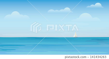 Tropical blue sea with clear sky have yacth and at skyline vector illustration. Seascape and blue sky flat design background. Tropical blue sea with clear sky have yacth and at skyline vector illustration. Seascape and blue sky flat design background. 141434263