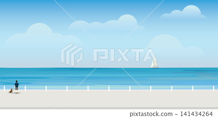 Man with his dog at seashore in summer. Seascape and blue sky flat design background. 141434264