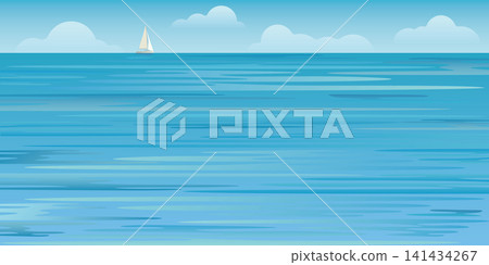 Blue ocean have sailboat at skyline vector illustration. Seascape and blue sky flat design background. Blue ocean have sailboat at skyline vector illustration. Seascape and blue sky flat design background. 141434267