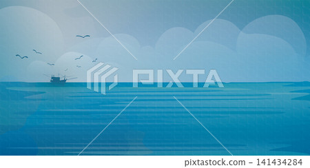 Seascape with fishing boat followed by seagulls at skyline vector illustration watercolors style on paper textured. Ocean with sky and clouds background. Seascape with fishing boat followed by seagulls at skyline vector illustration watercolors style on paper textured. Ocean with sky and clouds background. 141434284