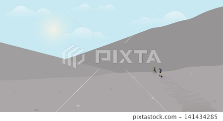 Flat design landscape hiking theme. Travelers with backpack climbing on mountains. Travel concept of discovering, exploring and observing nature. Flat design landscape hiking theme. Travelers with backpack climbing on mountains. Travel concept of discovering, exploring and observing nature. 141434285