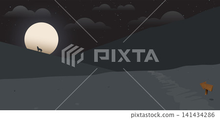 Night of mountainscape with full moon and wolf howling flat design. Hiking theme background. Travel concept of discovering, exploring and observing nature. Night of mountainscape with full moon and wolf howling flat design. Hiking theme background. Travel concept of discovering, exploring and observing nature. 141434286