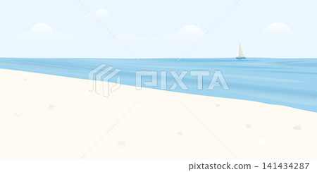 Tropical beach with blue sea and clear sky have yacth and at skyline vector illustration. Seascape and blue sky flat design background. 141434287