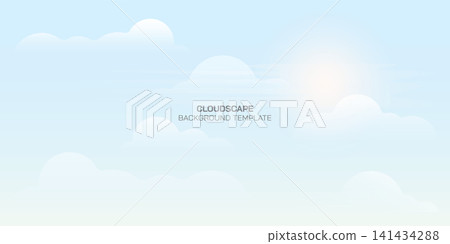 Blue sky with clouds and sunlight. Flat design background with shining sun and white fluffy clouds. Cloudscape bright weather in summer season. Sunny day sky scene cartoon vector illustration. Blue sky with clouds and sunlight. Flat design background with shining sun and white fluffy clouds. Cloudscape bright weather in summer season. Sunny day sky scene cartoon vector illustration. 141434288
