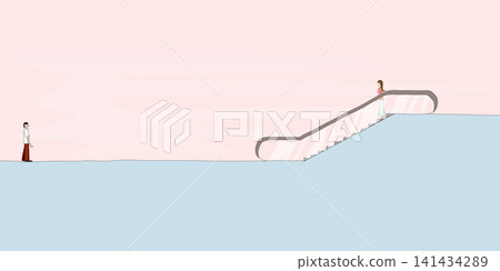 Man waiting woman going down on escalator childish style vector illustration with blank space. Love concept doodle lines flat design. Man waiting woman going down on escalator childish style vector illustration with blank space. Love concept doodle lines flat design. 141434289